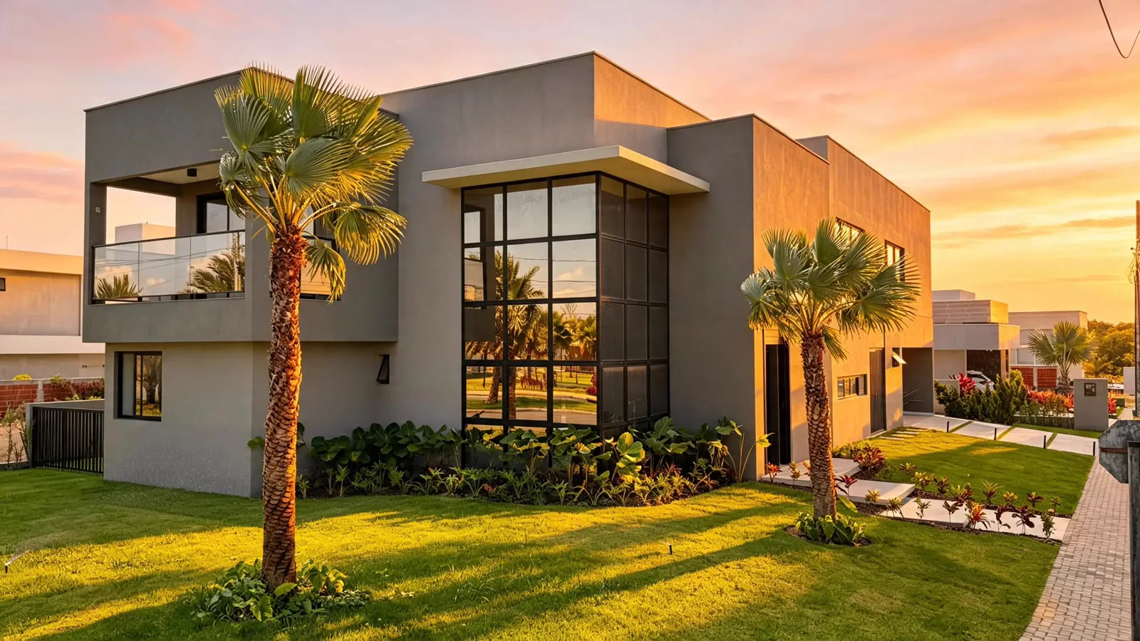 Residência contemporânea com fachada de vidro e jardim