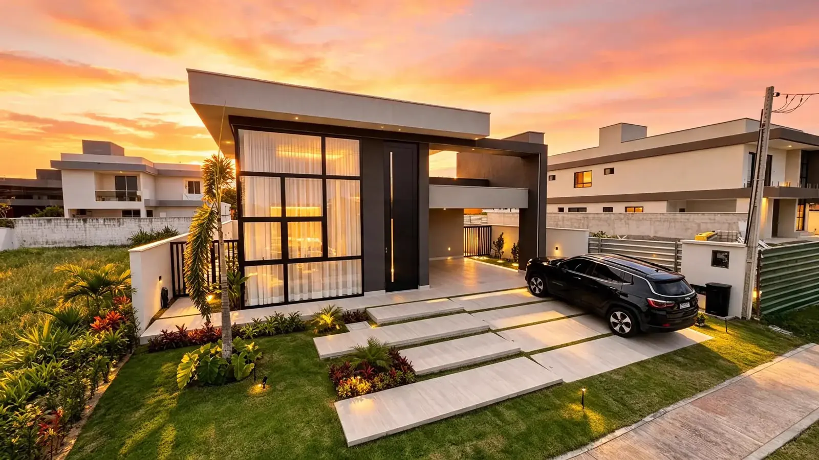 Residência contemporânea em Cabedelo com grandes esquadrias de alumínio preto e vidro ao pôr do sol